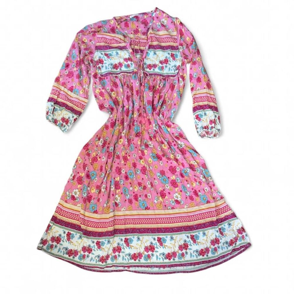 R. Vivimos Woman's Pink Floral Cottage Prairie Long Sleeve Maxi Dress SZ M